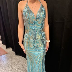 Beautiful Blue & Gold Prom Formal Pageant Dress Size M